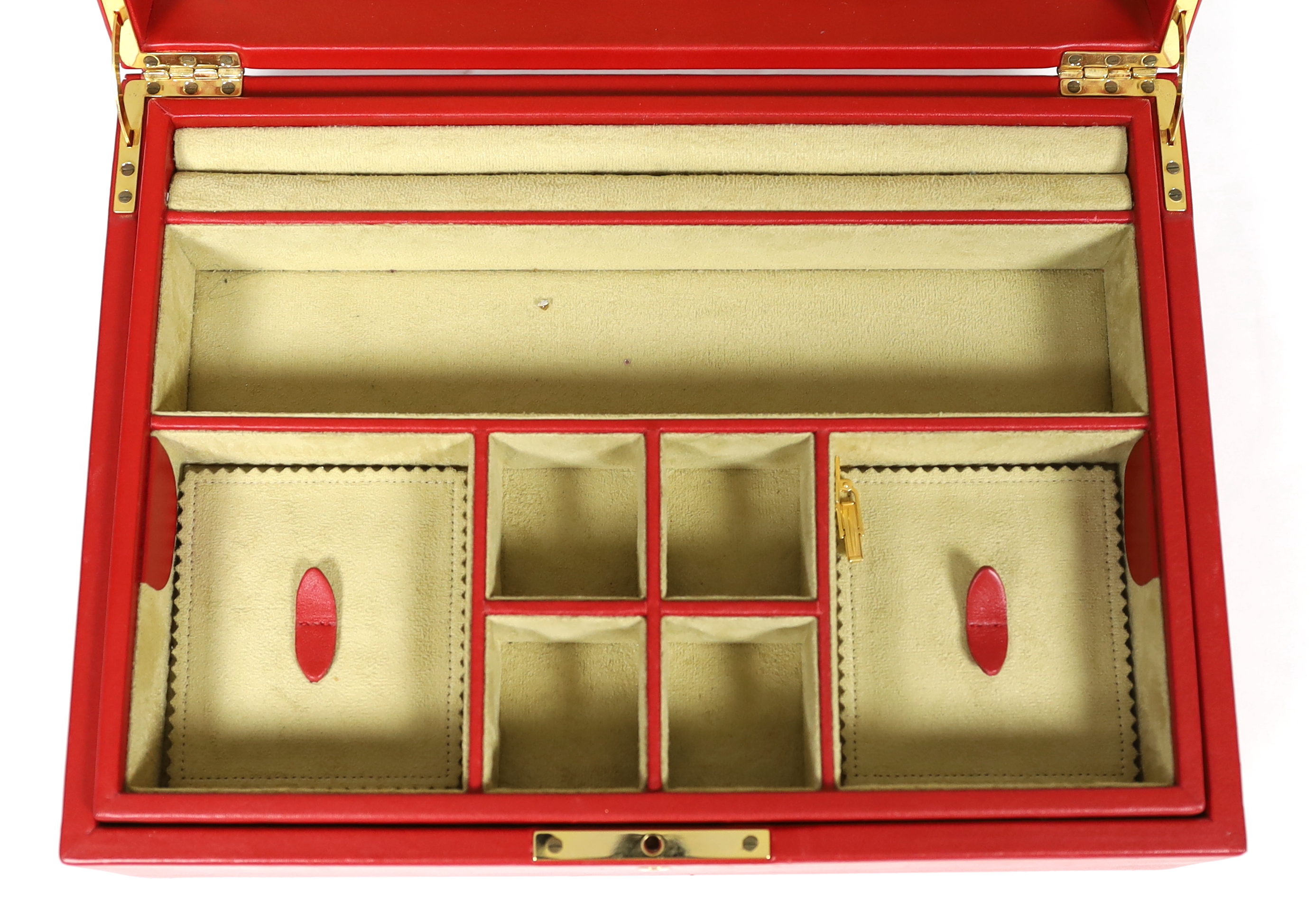 A Fabergé cased red leather jewellery box, width 33cm